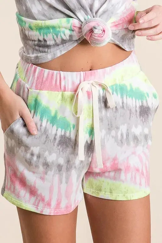 BiBi Womens Tie Dye Shorts with Twill Tape Drawstring - Be Bliss Boutique