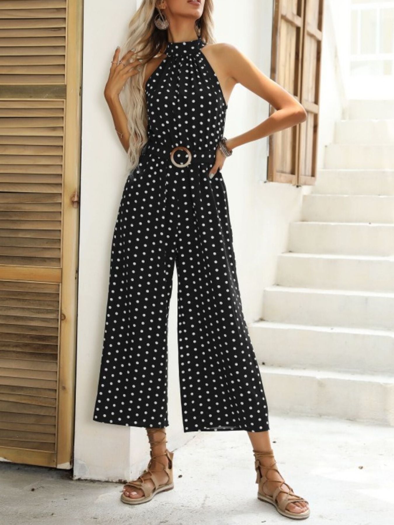 Polka Dot Halter Neck Wide Leg Jumpsuit - Be Bliss Boutique