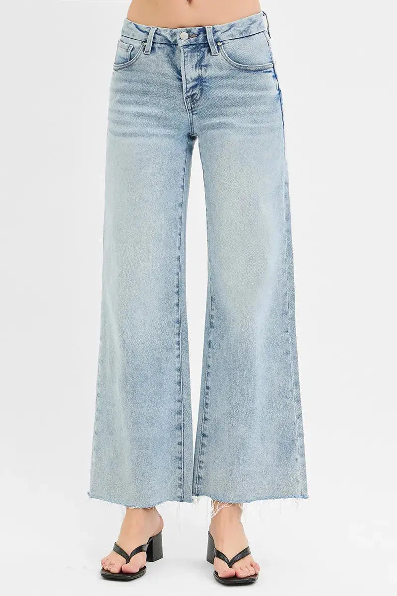 Full Size Tummy Control Low Rise Wide Leg Raw Cut Hem RISEN Jeans - Be Bliss Boutique