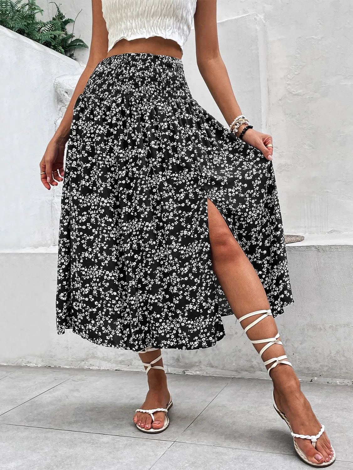 Slit Smocked High Waist Floral Midi Skirt - Be Bliss Boutique