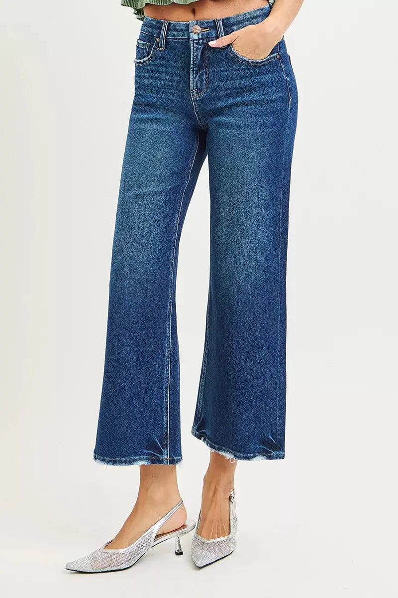 RISEN Jeans - High Rise Crop Wide Leg Jeans with Tummy Control 4 Way Stretch - Be Bliss Boutique