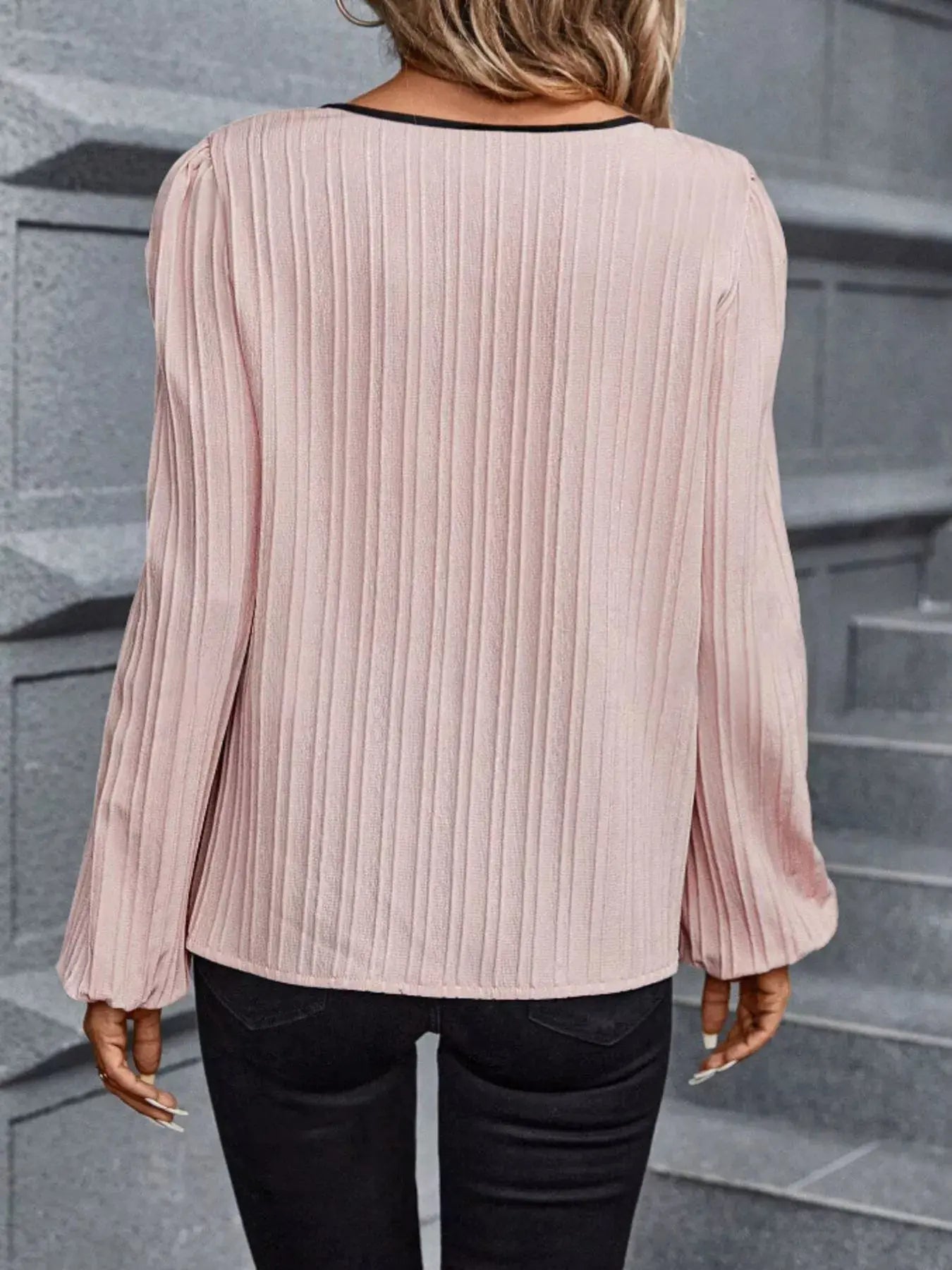 Textured Notched Long Sleeve Blouse - Be Bliss Boutique