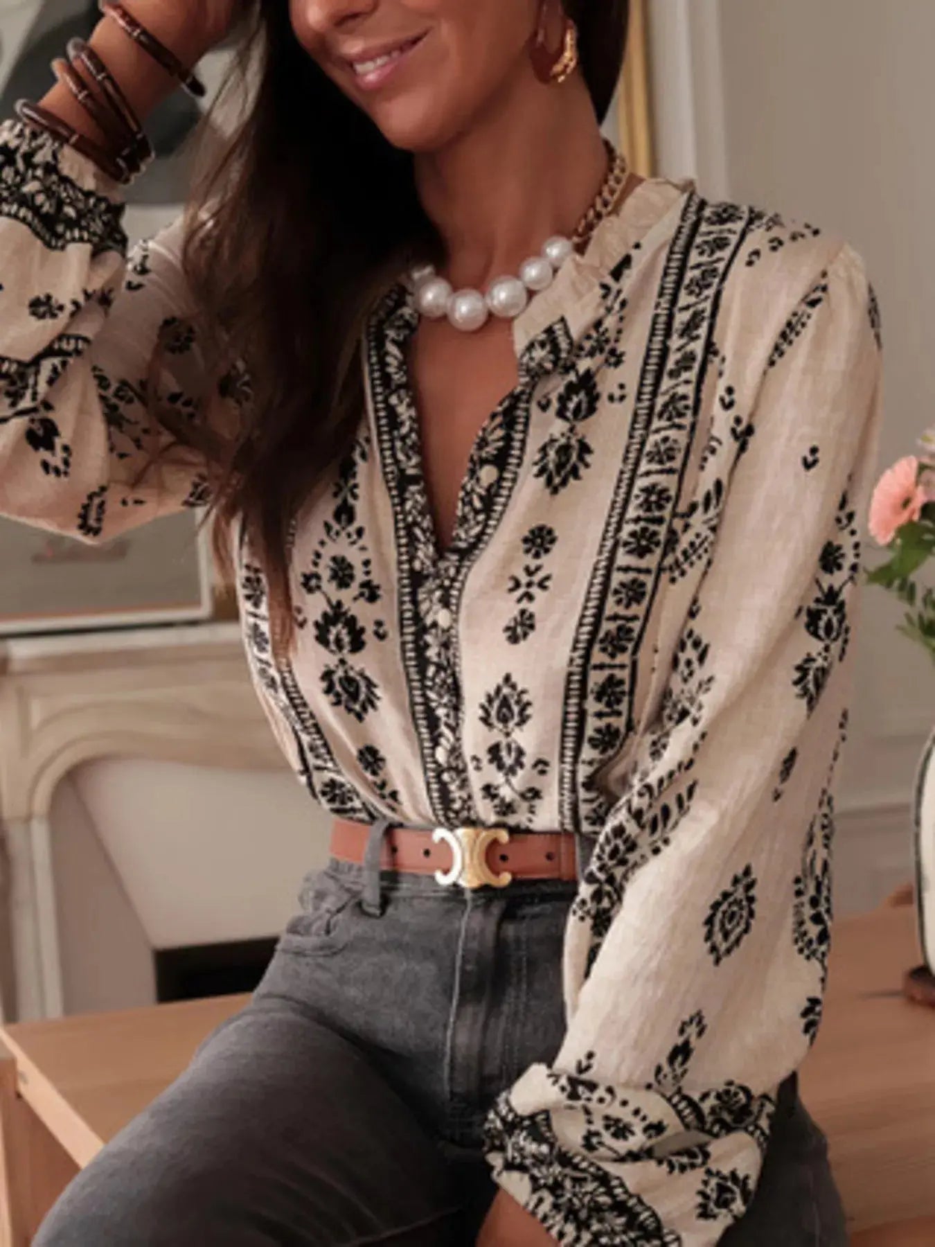 Printed Long Sleeve Boho Blouse - Be Bliss Boutique