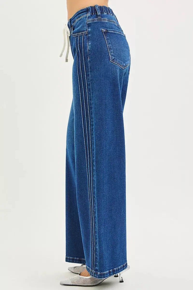 RISEN Jeans - Full Size Mid Rise Wide Side Pintuck Jeans with Front Drawstring - Be Bliss Boutique