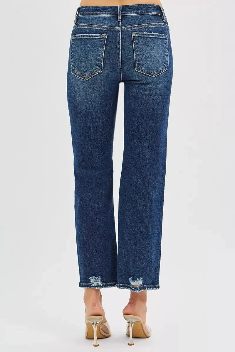 High Rise Crop Slim Straight RISEN Jeans with Hidden Knee Patch - Be Bliss Boutique
