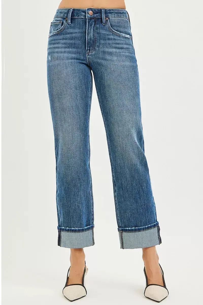 RISEN Jeans - Full Size 4 Way Stretch Slouchy Straight Jeans with Cuffed Hem - Be Bliss Boutique
