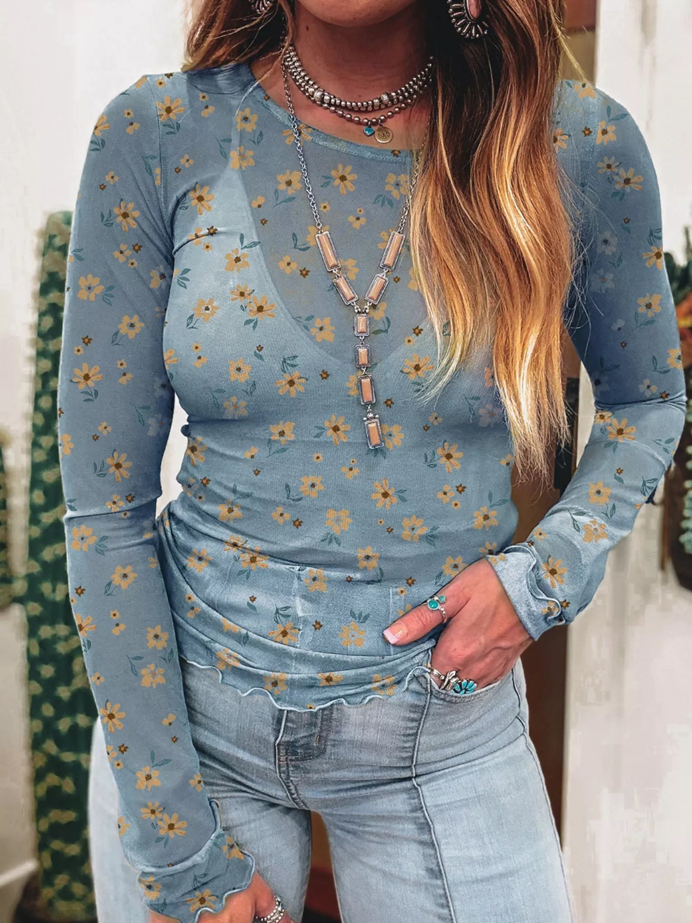 Floral Print Long Sleeve Mesh Blouse - Be Bliss Boutique