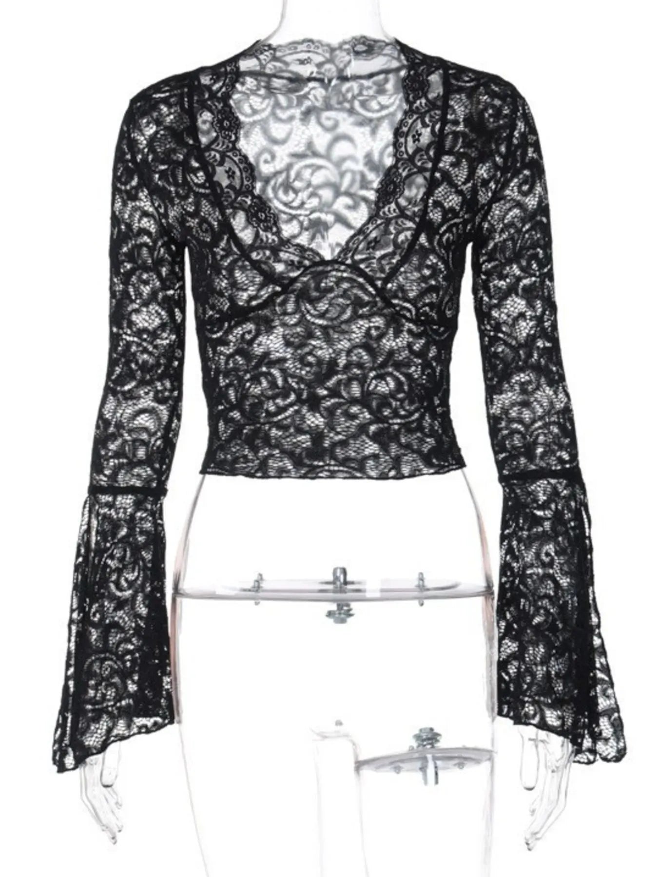 Lace Long Sleeve Deep V-Neck Blouse - Be Bliss Boutique