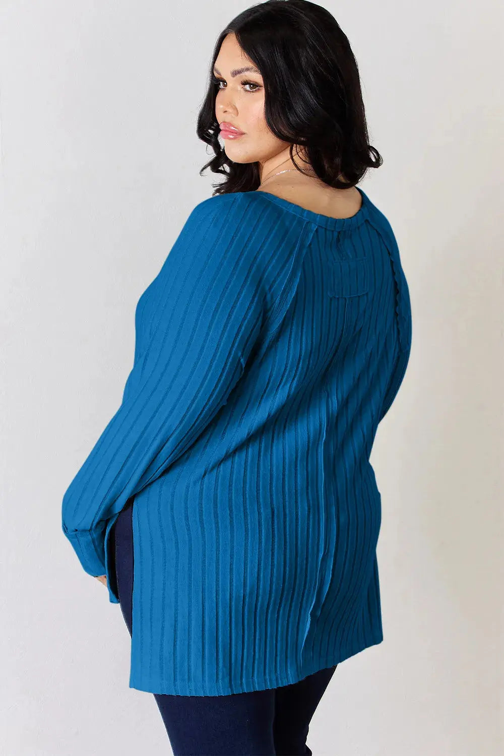 Basic Bae Ribbed Round Neck Slit Womens Long Sleeve T Shirt – Full & Plus Size - Be Bliss Boutique