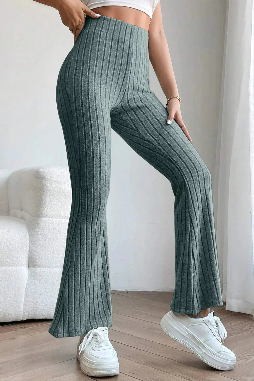Basic Bae Full Size Ribbed High Waist Flare Pants - Be Bliss Boutique