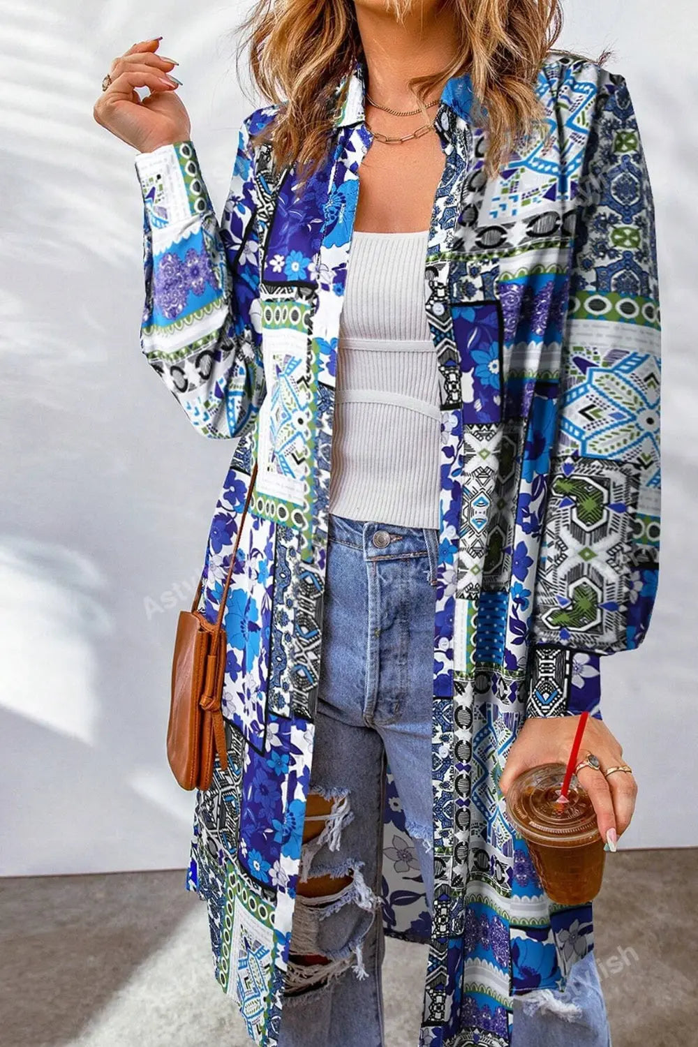 Printed Button Up Long Sleeve Cardigan - Be Bliss Boutique