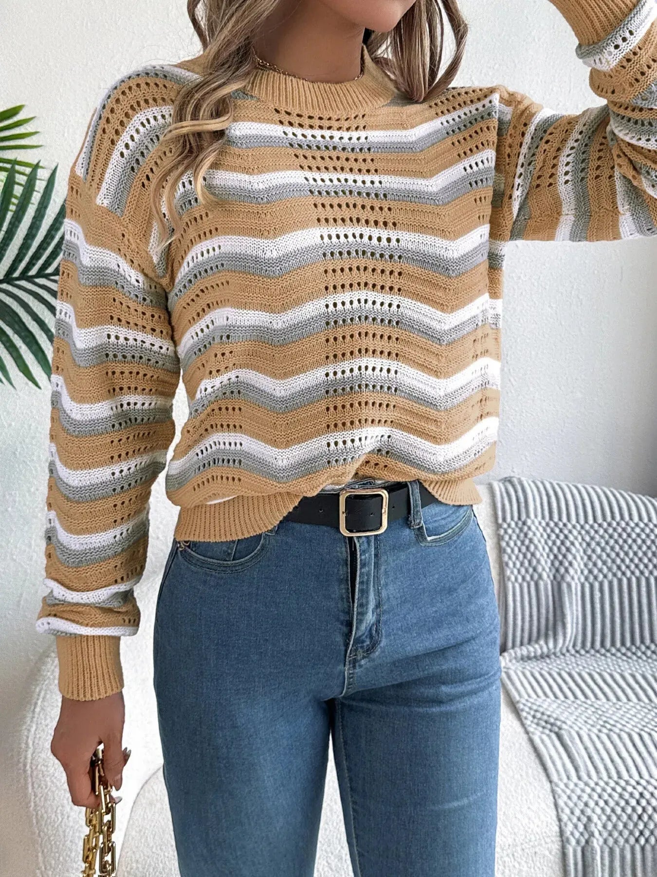 Round Neck Striped Long Sleeve Sweater - Be Bliss Boutique