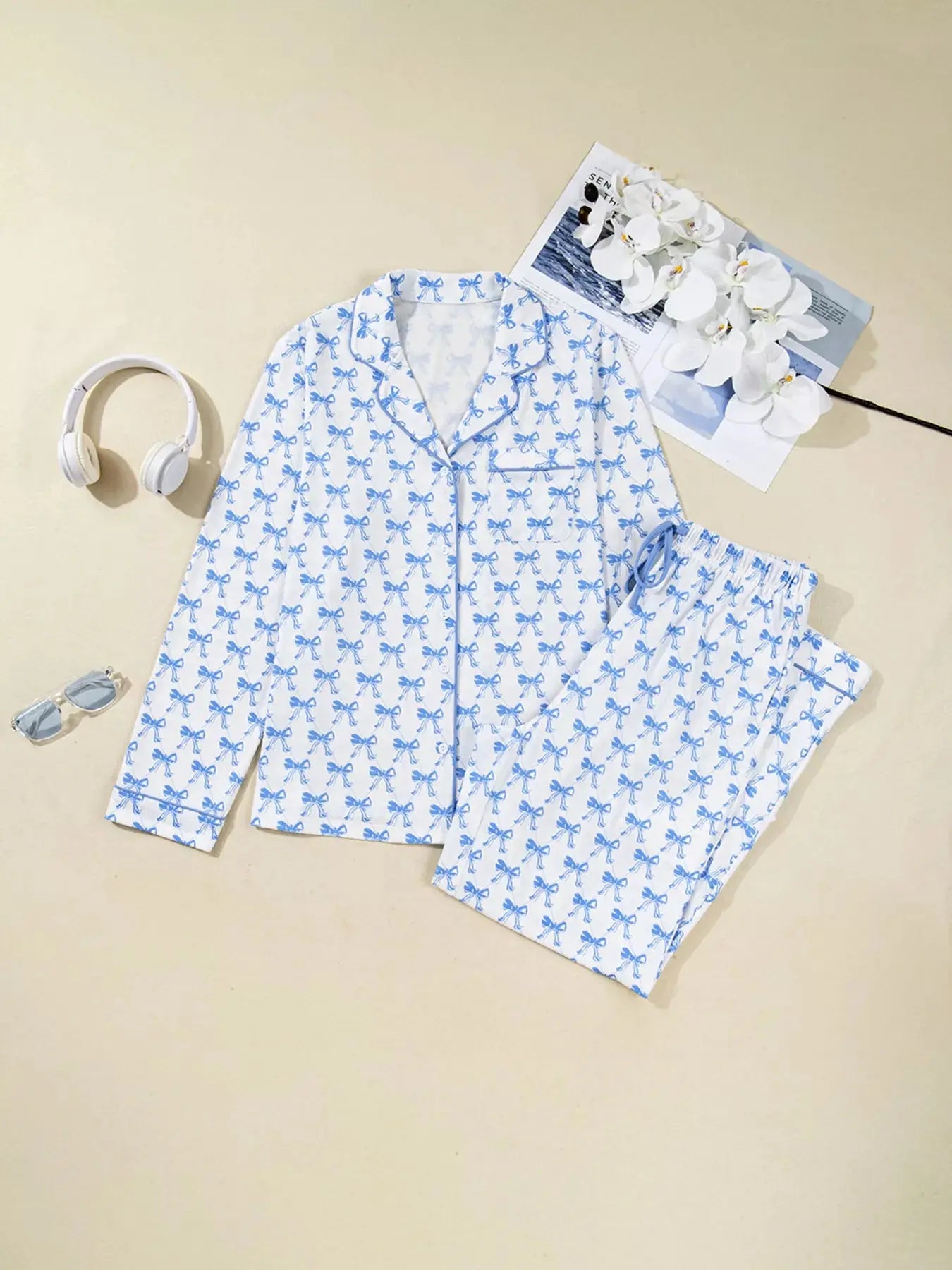 Bow Print Long Sleeve Shirt and Pants Pajama Set - Be Bliss Boutique
