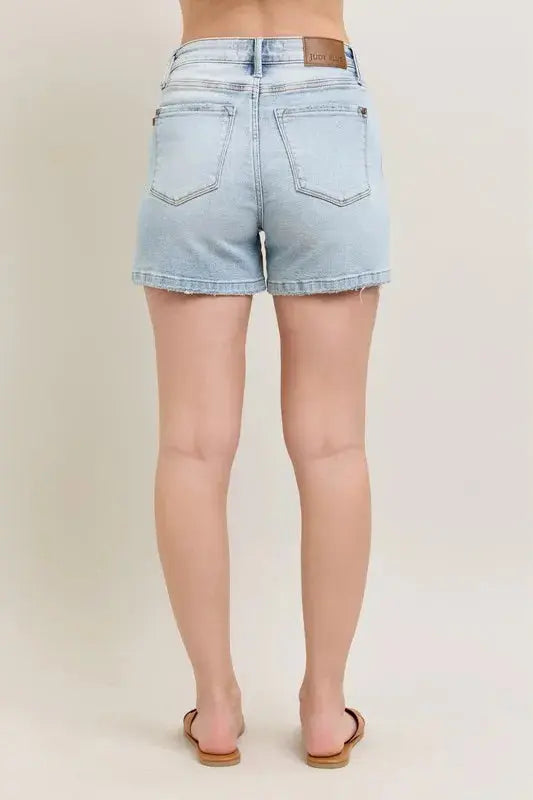 Judy Blue Jeans - Plus Size Frayed Hem High Rise Denim Shorts with Pockets - Be Bliss Boutique