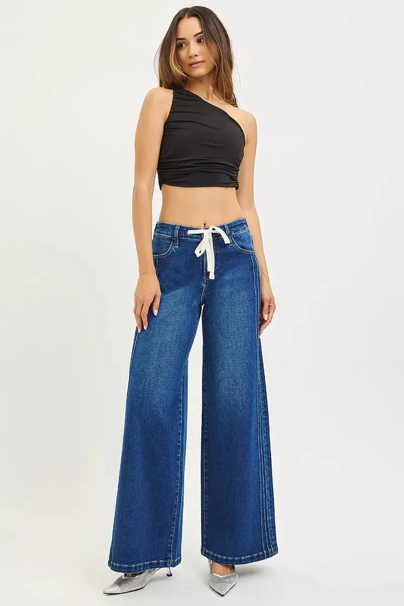 RISEN Jeans - Full Size Mid Rise Wide Side Pintuck Jeans with Front Drawstring - Be Bliss Boutique