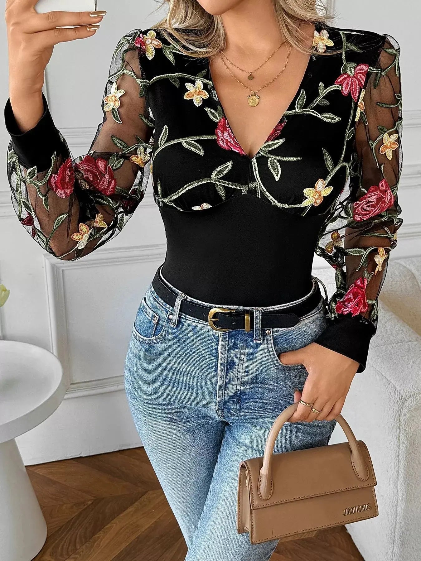 Floral Mesh Long Sleeve V Neck Blouse - Be Bliss Boutique