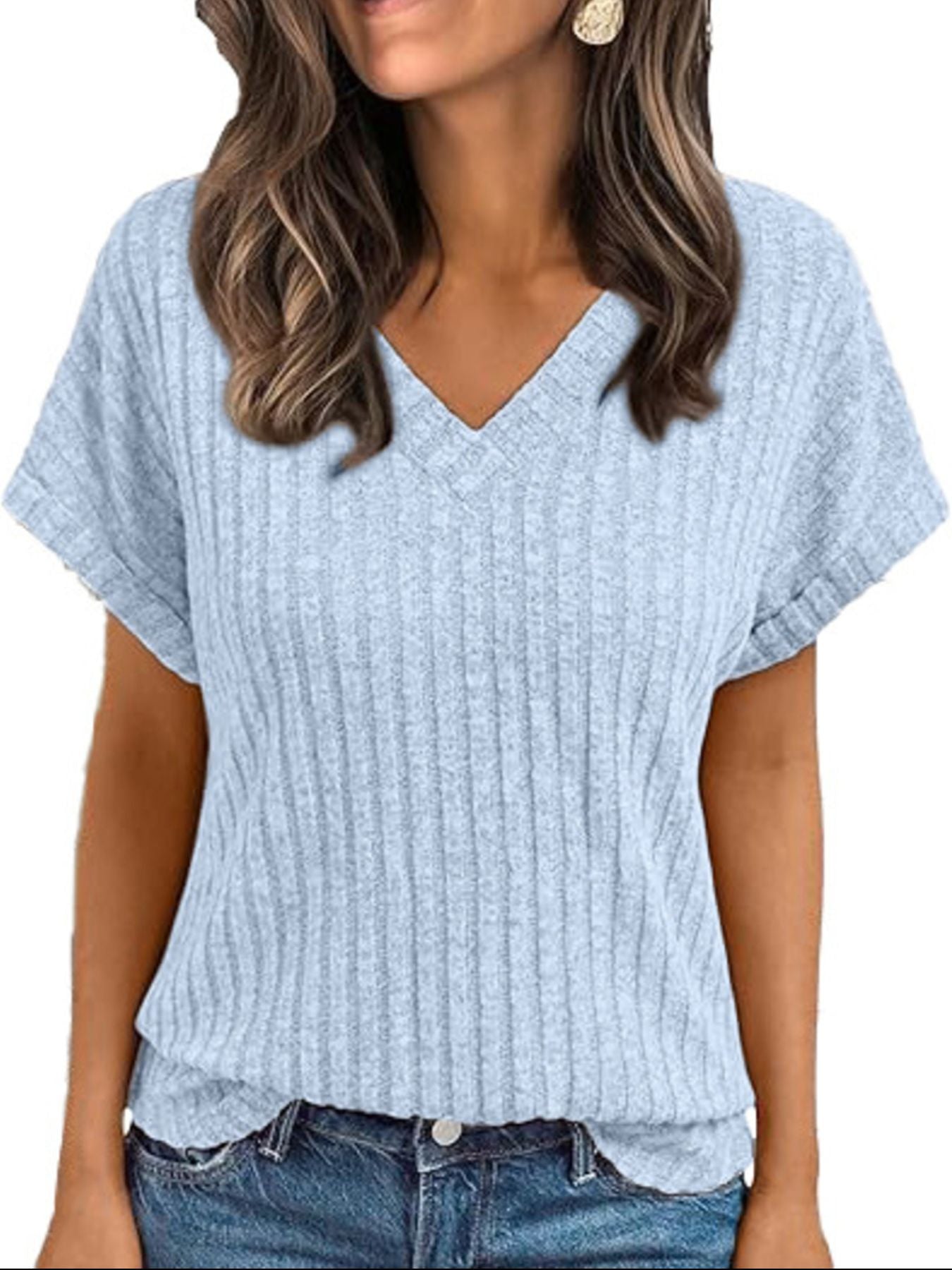 Ribbed Knit V Neck Relaxed Fit T Shirt - Be Bliss Boutique