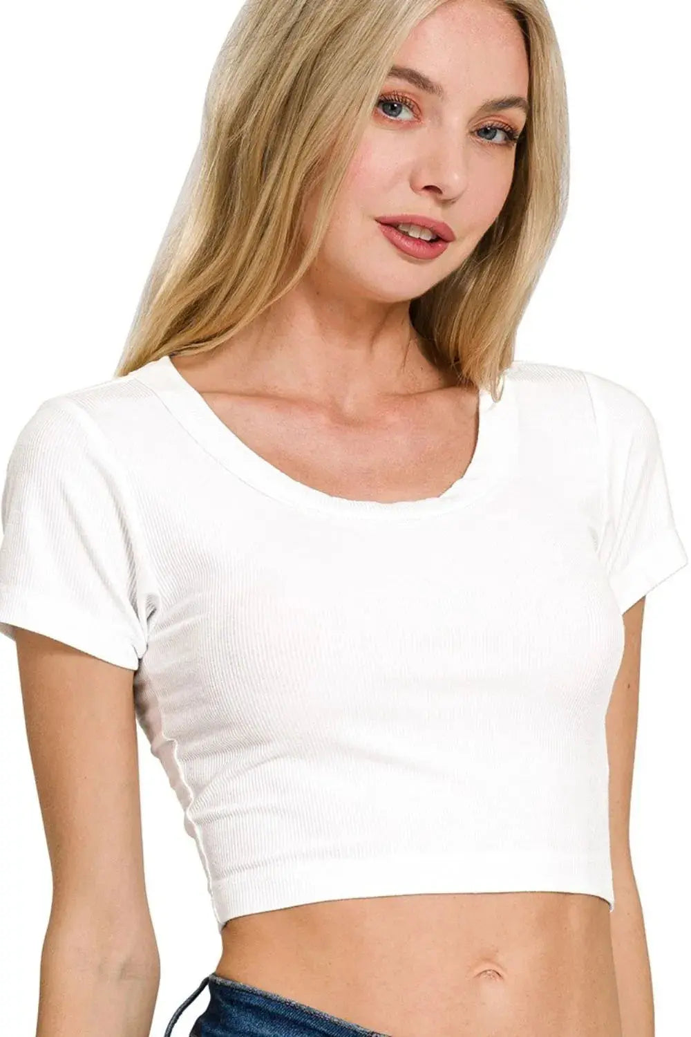 Zenana Ribbed Scoop Neck Crop Women's Short Sleeve Top - Be Bliss Boutique