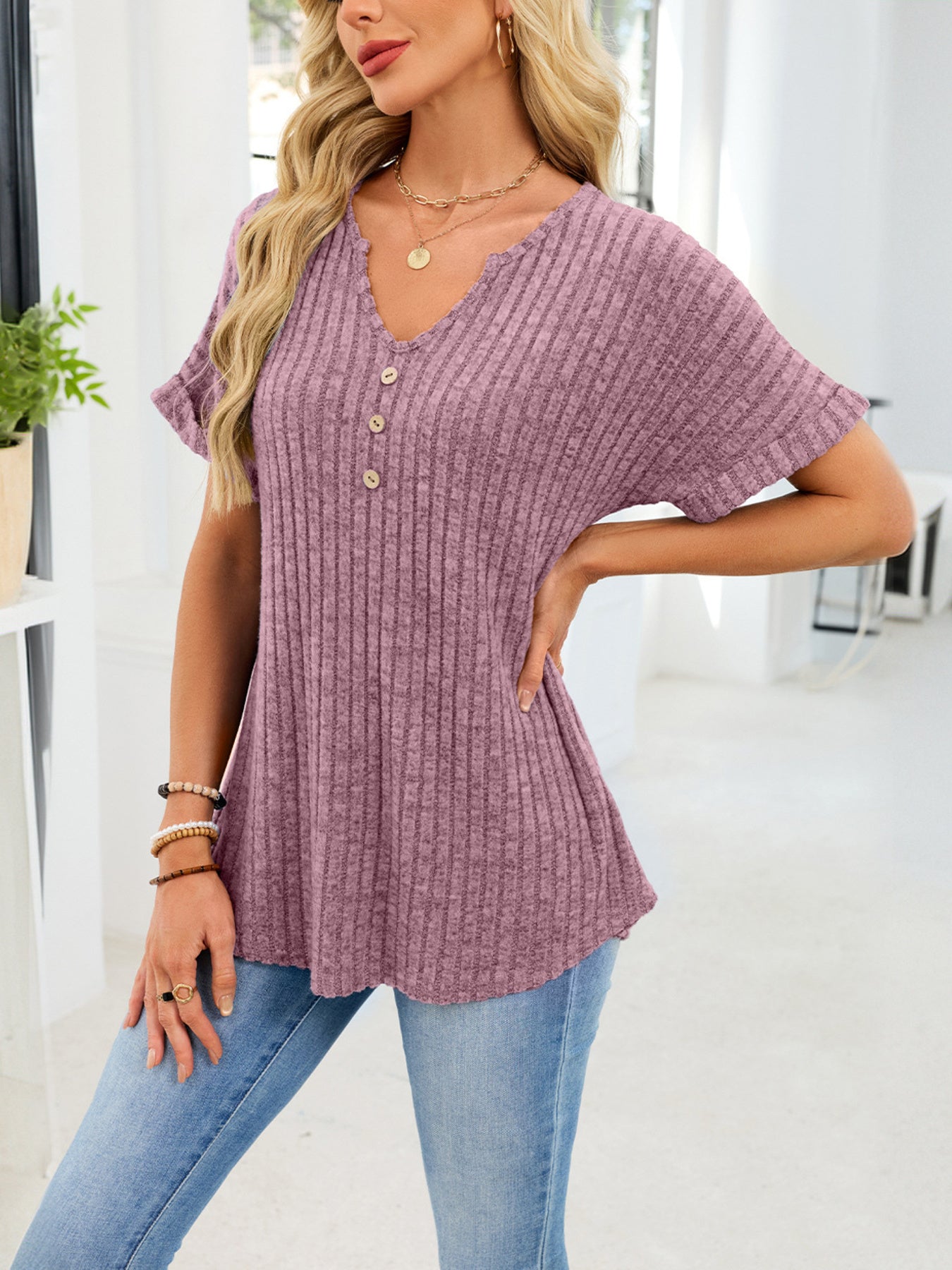 Women's Ribbed Knit Button V Neck Short Sleeve T Shirt - Be Bliss Boutique