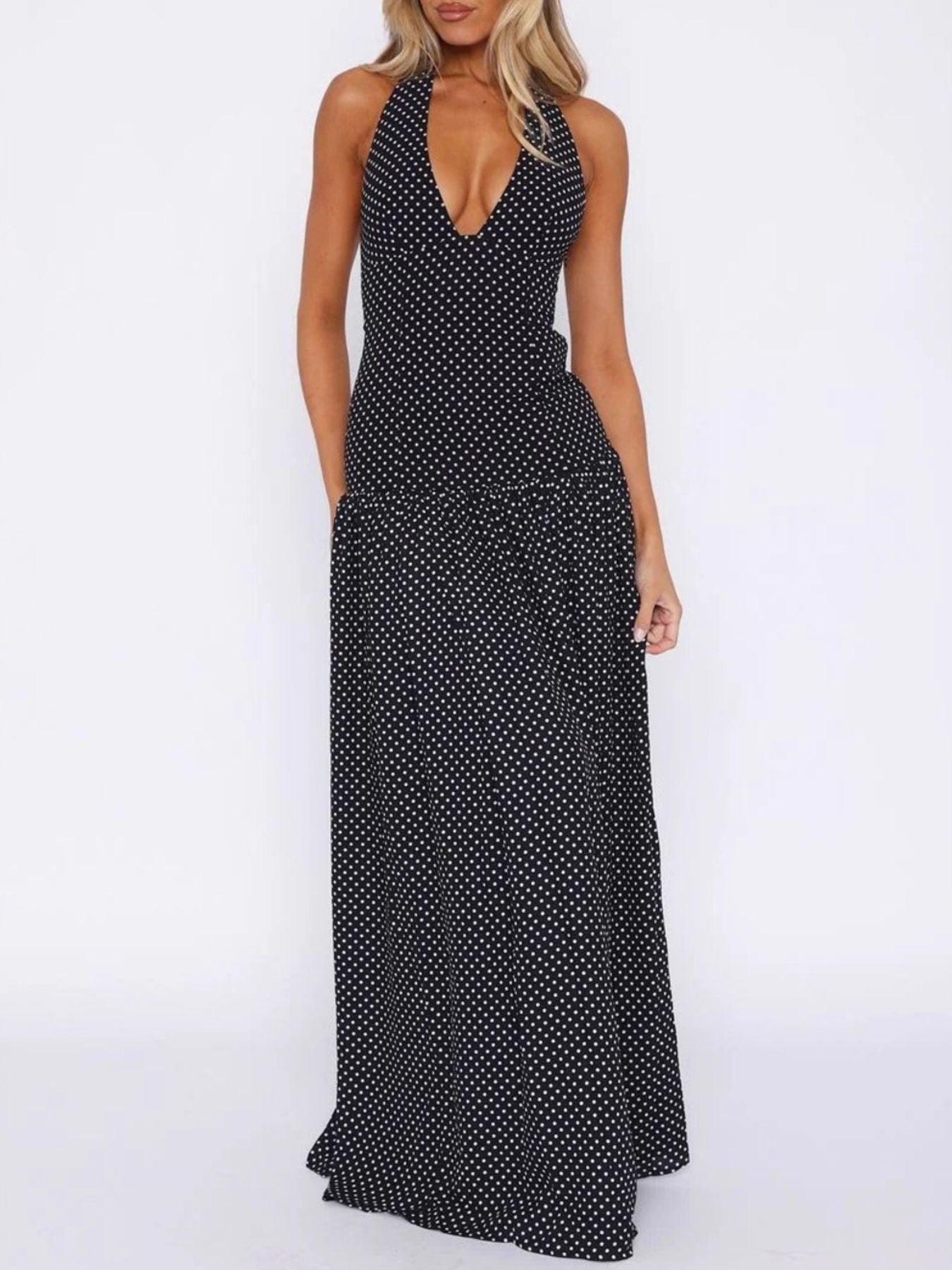 Polka Dot Halter Neck Maxi Dress - Be Bliss Boutique