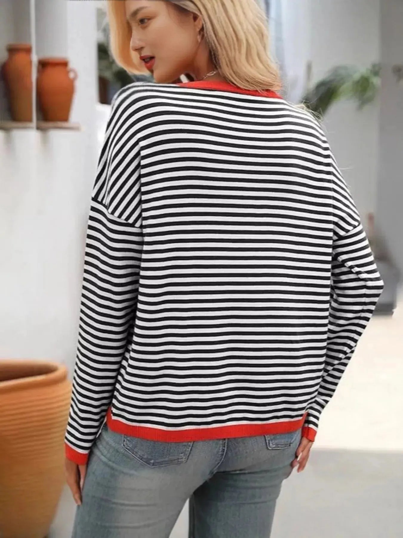 Plus Size Contrast Striped Long Sleeve Sweater - Be Bliss Boutique