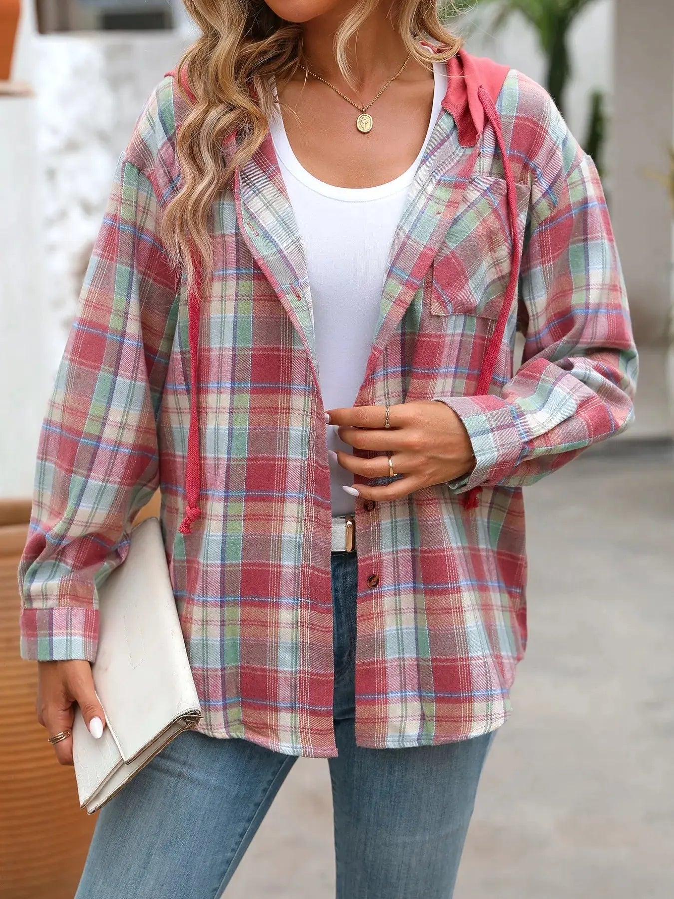 Plaid Button-Up Oversized Hooded Shirt with Chest Pocket - Be Bliss Boutique