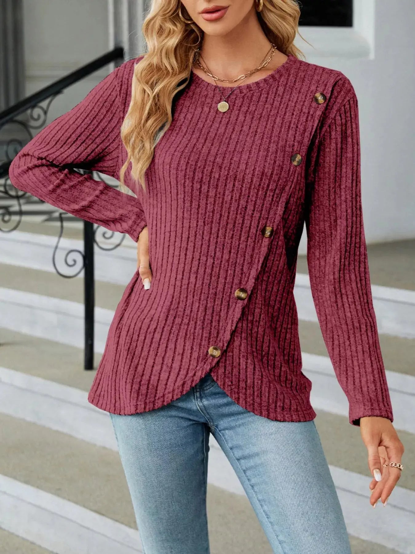 Decorative Button Ribbed Knit T Shirt - Be Bliss Boutique