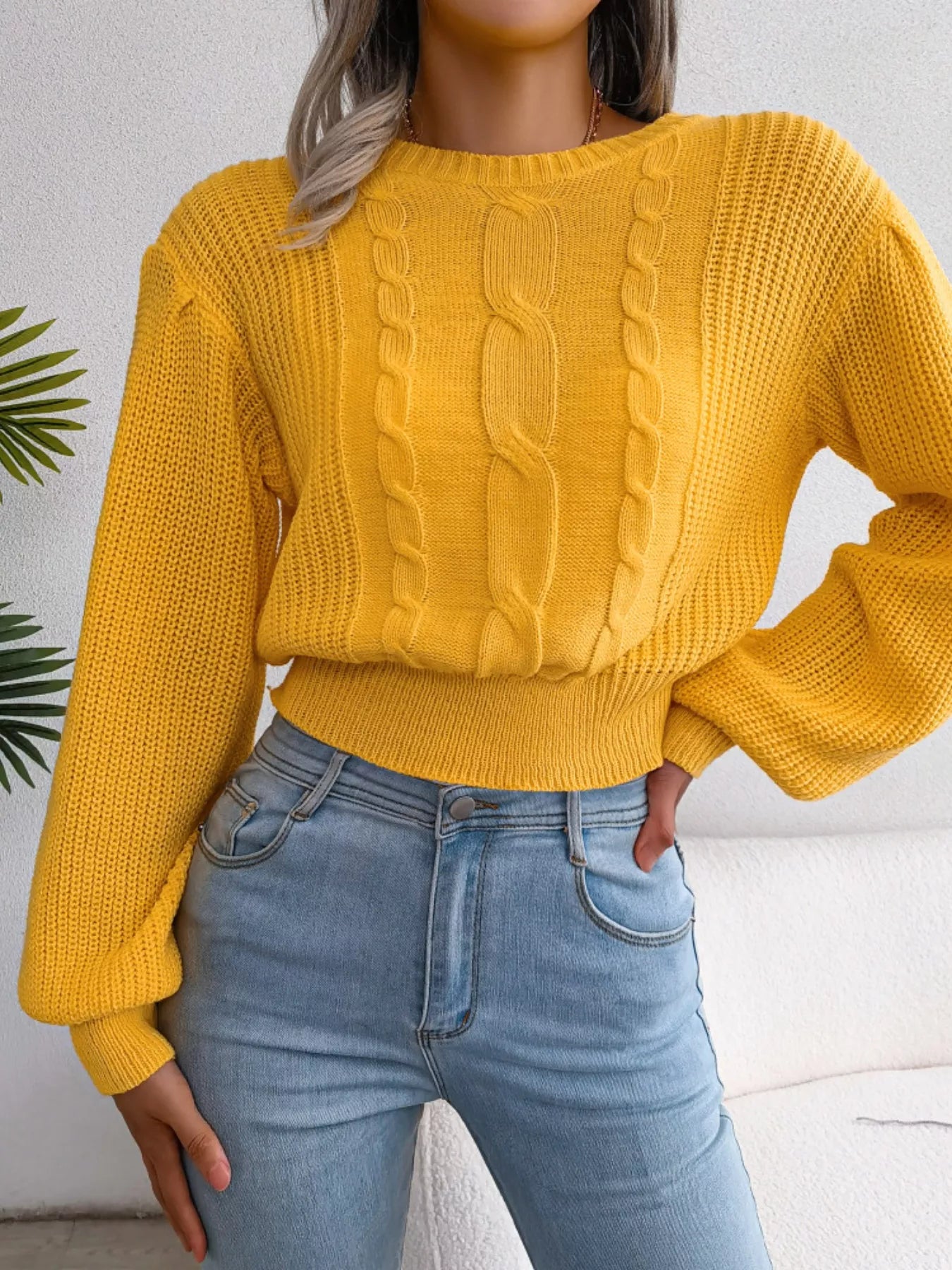 Cable Knit Round Neck Cropped Sweater - Be Bliss Boutique