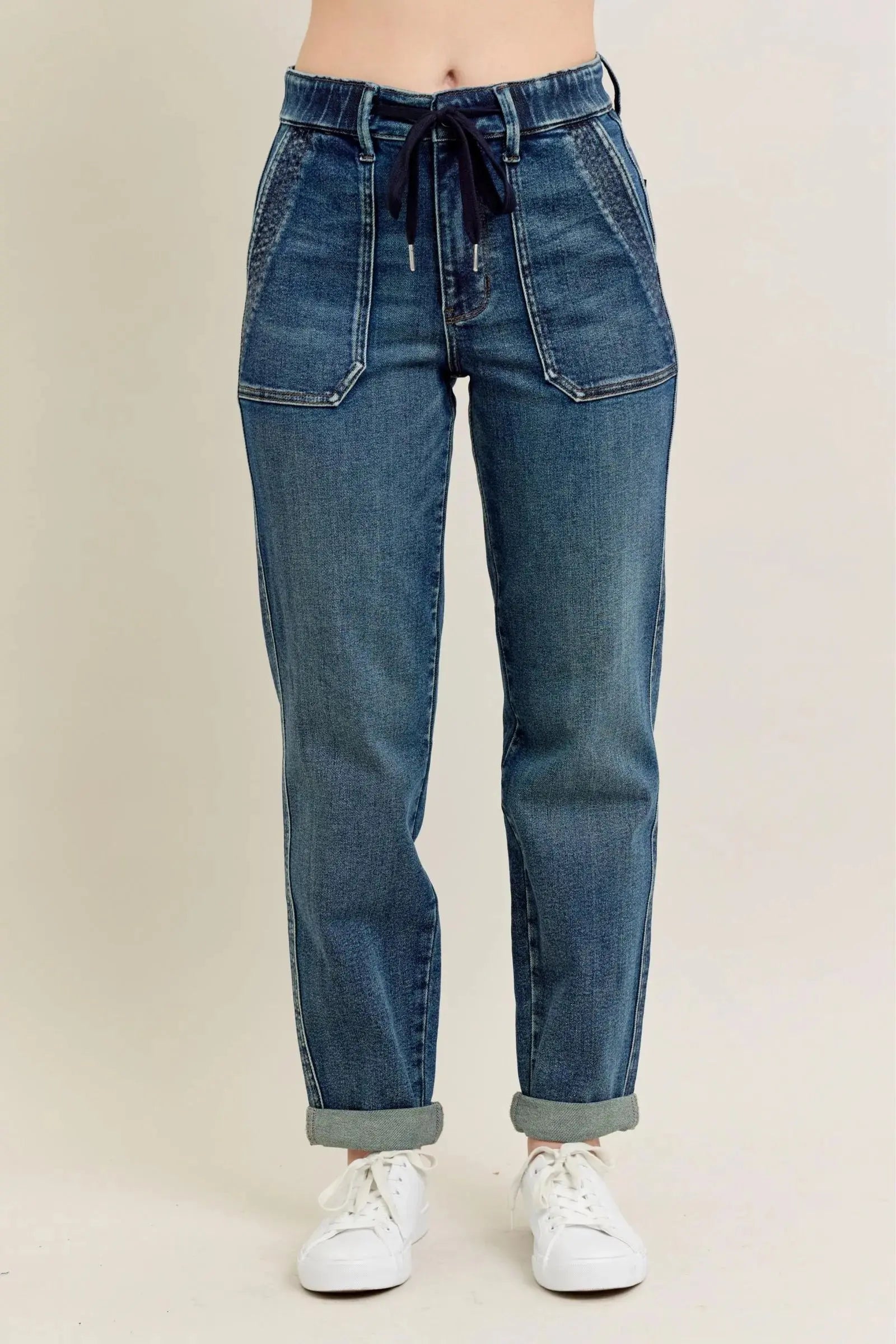 Judy Blue Jeans - Full Size HW Vintage Wash Jeans w/ Drawstring - Be Bliss Boutique