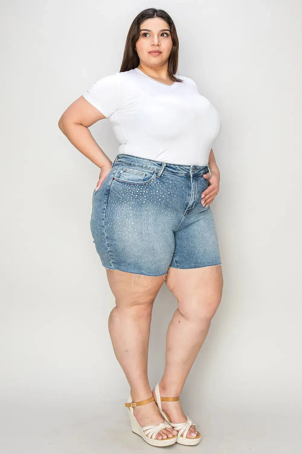 Judy Blue Jeans - Full Size High Waist Raw Hem Denim Shorts - Be Bliss Boutique