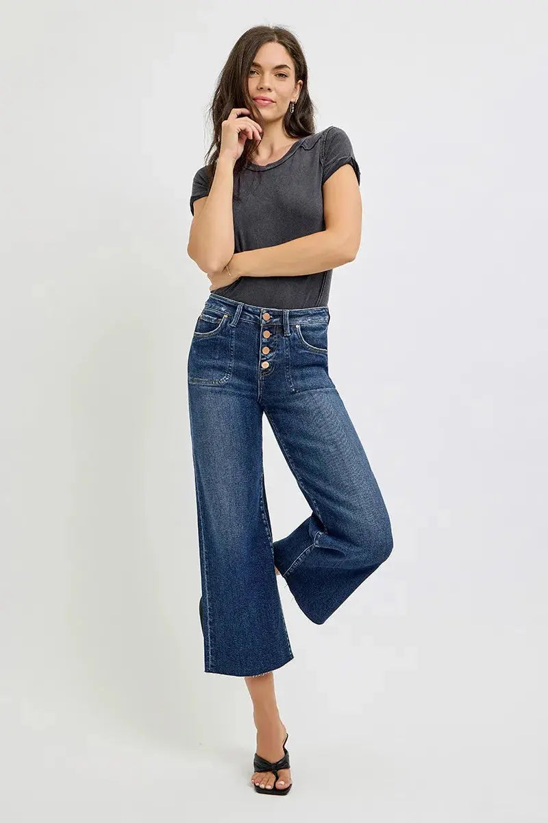 Full Size High Rise Wide Leg Cropped Button Fly RISEN Jeans – Plus Size - Be Bliss Boutique