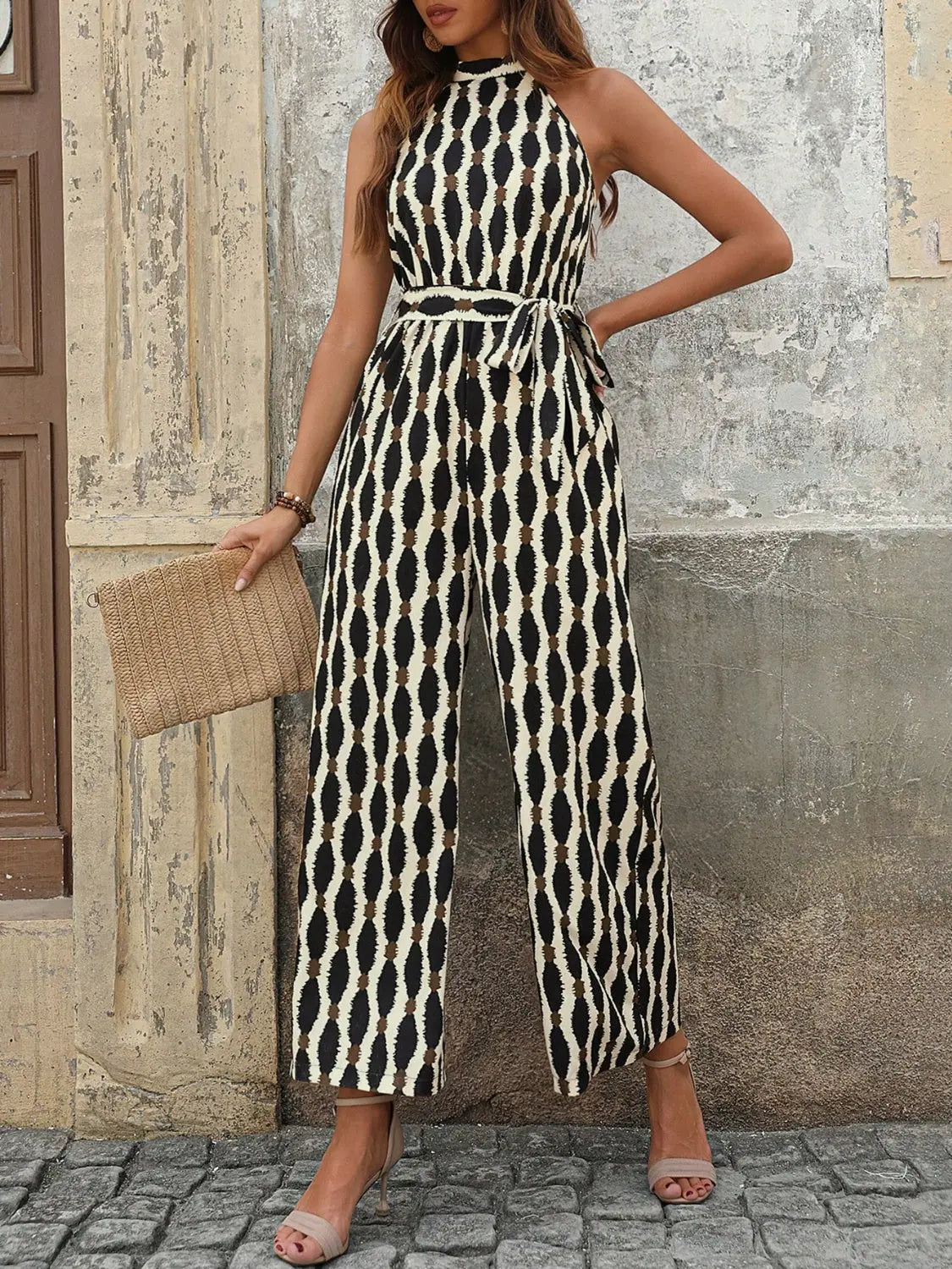 Tied Printed Grecian Neck Jumpsuit - Be Bliss Boutique