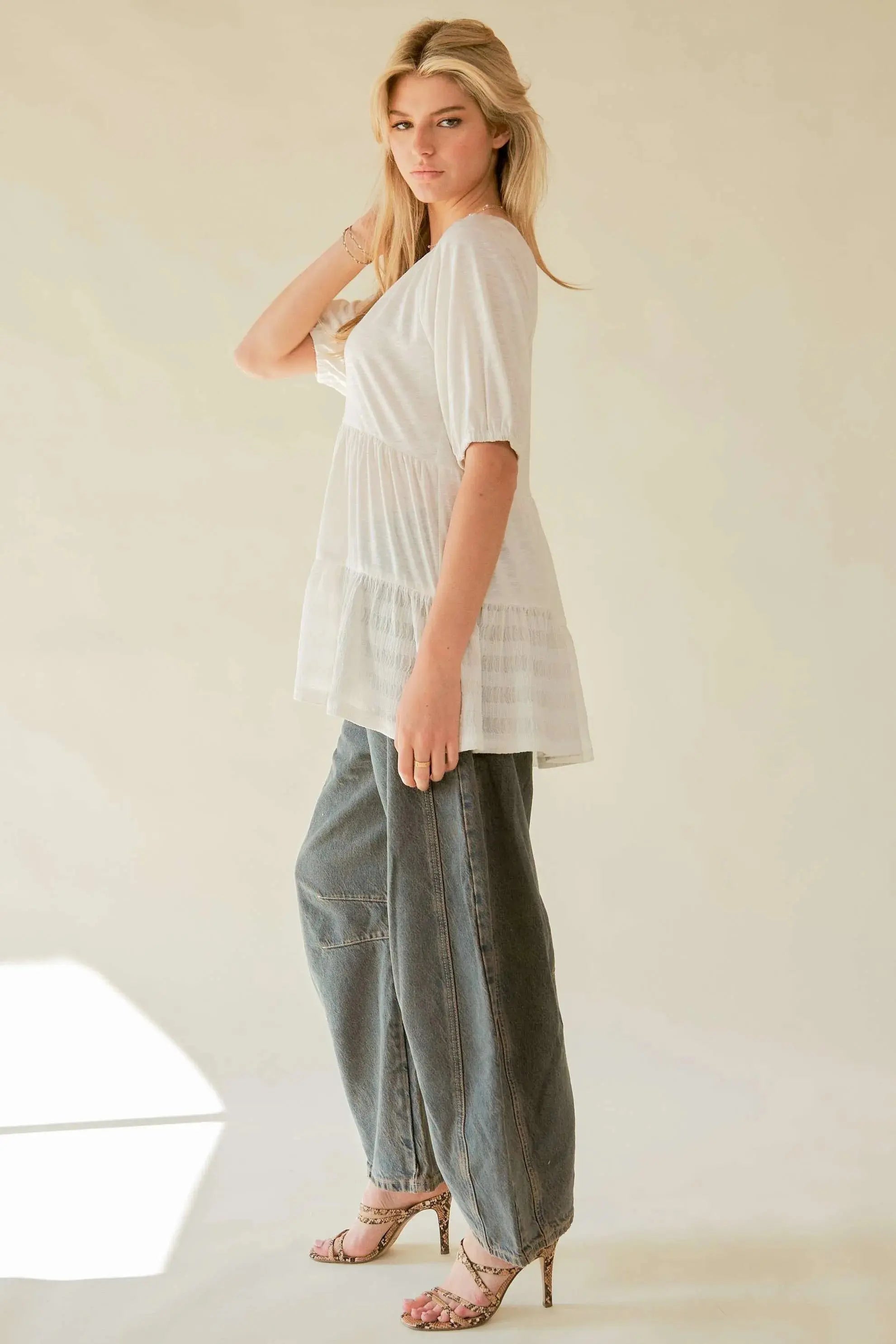 Davi & Dani Ruffled Flared Short Sleeve V Neck Blouse - Be Bliss Boutique