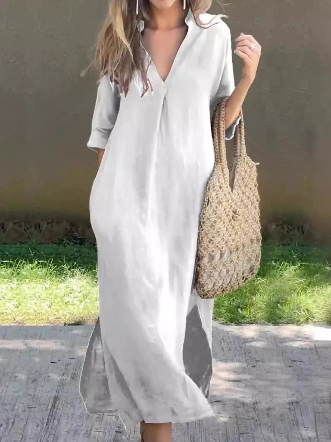 Full Size Notched Half Sleeve Midi Dress - Be Bliss Boutique