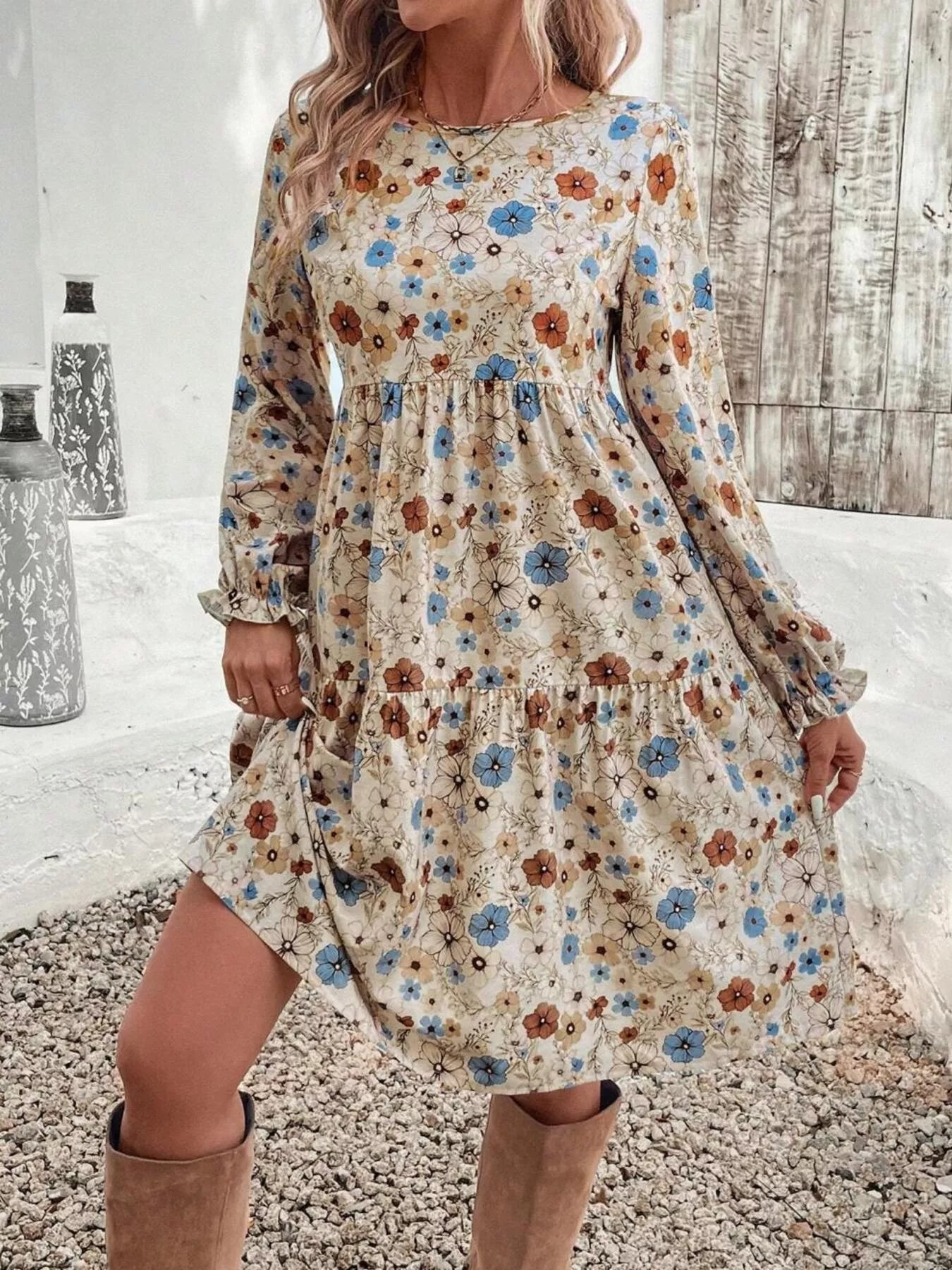 Floral Print Long Sleeve Tiered Dress -  Be Bliss Boutique