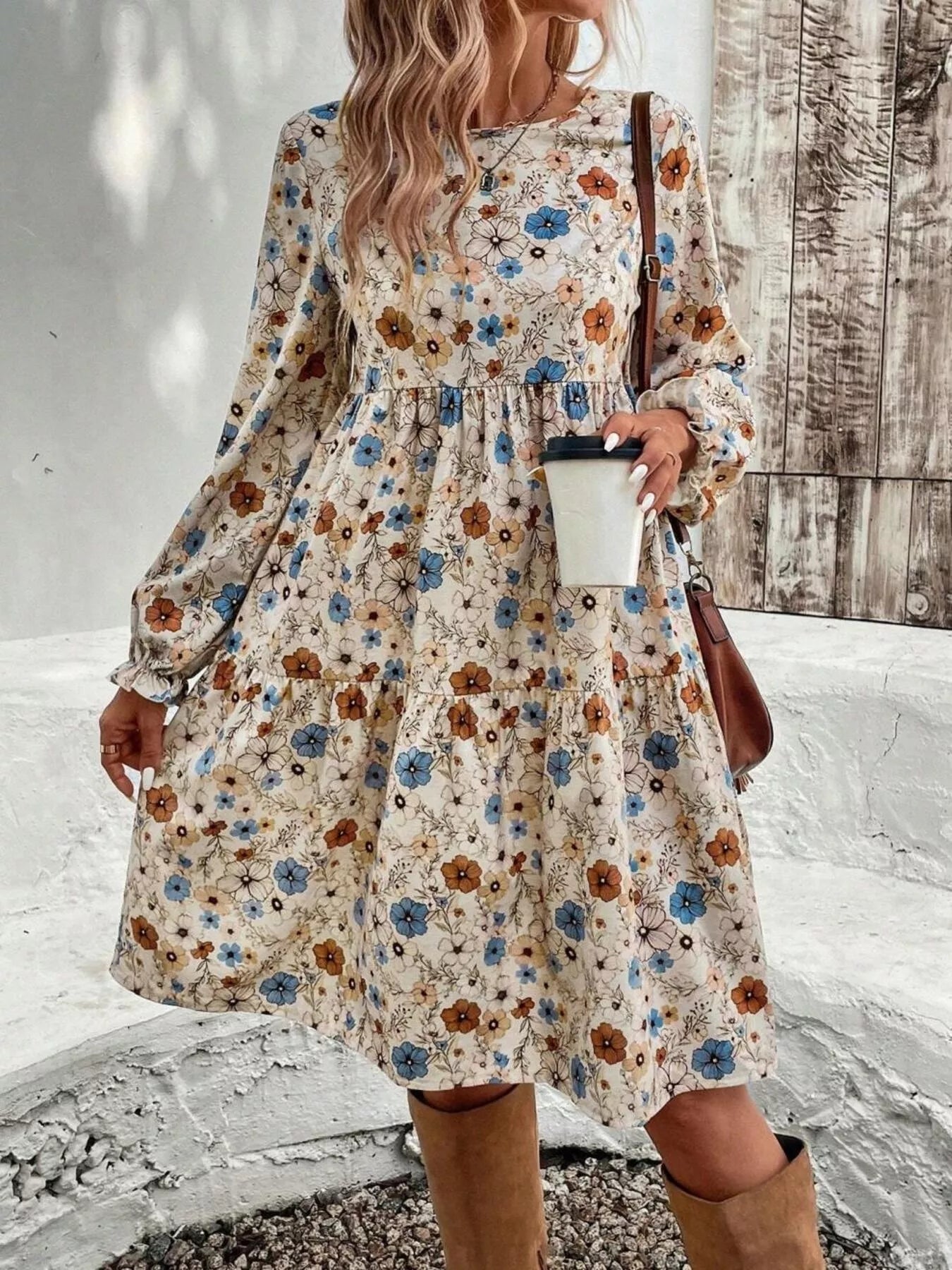 Floral Print Long Sleeve Tiered Dress -  Be Bliss Boutique
