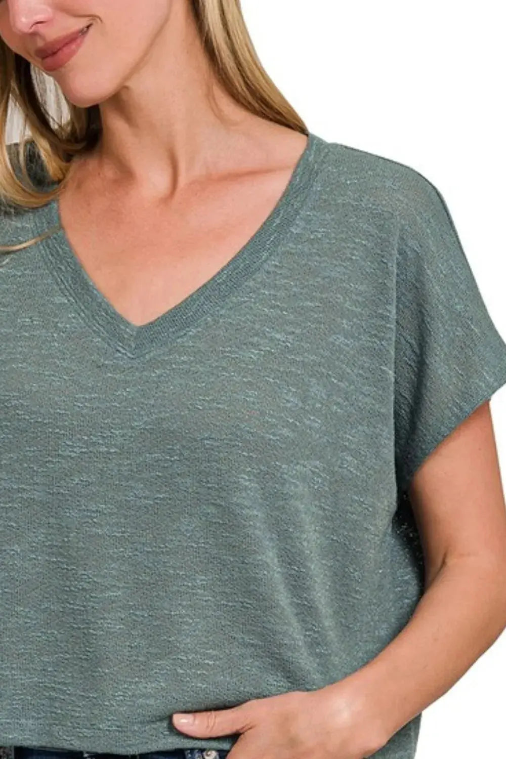 Zenana Jade Green Hacci Slub V-Neck Drop Shoulder Crop T Shirt - Be Bliss Boutique
