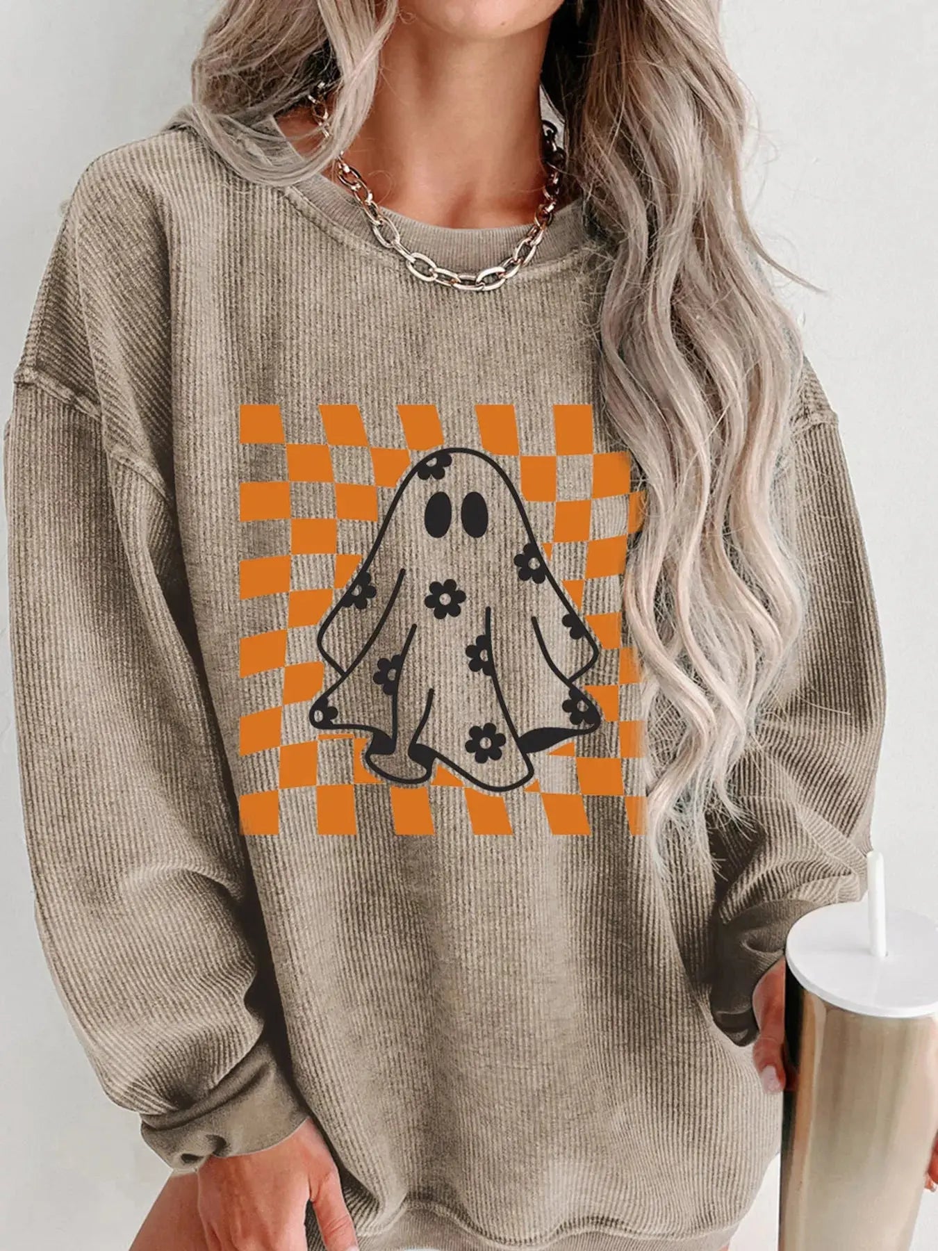 Ribbed Checkerboard Floral Ghost Halloween Graphic Sweatshirt - Be Bliss Boutique