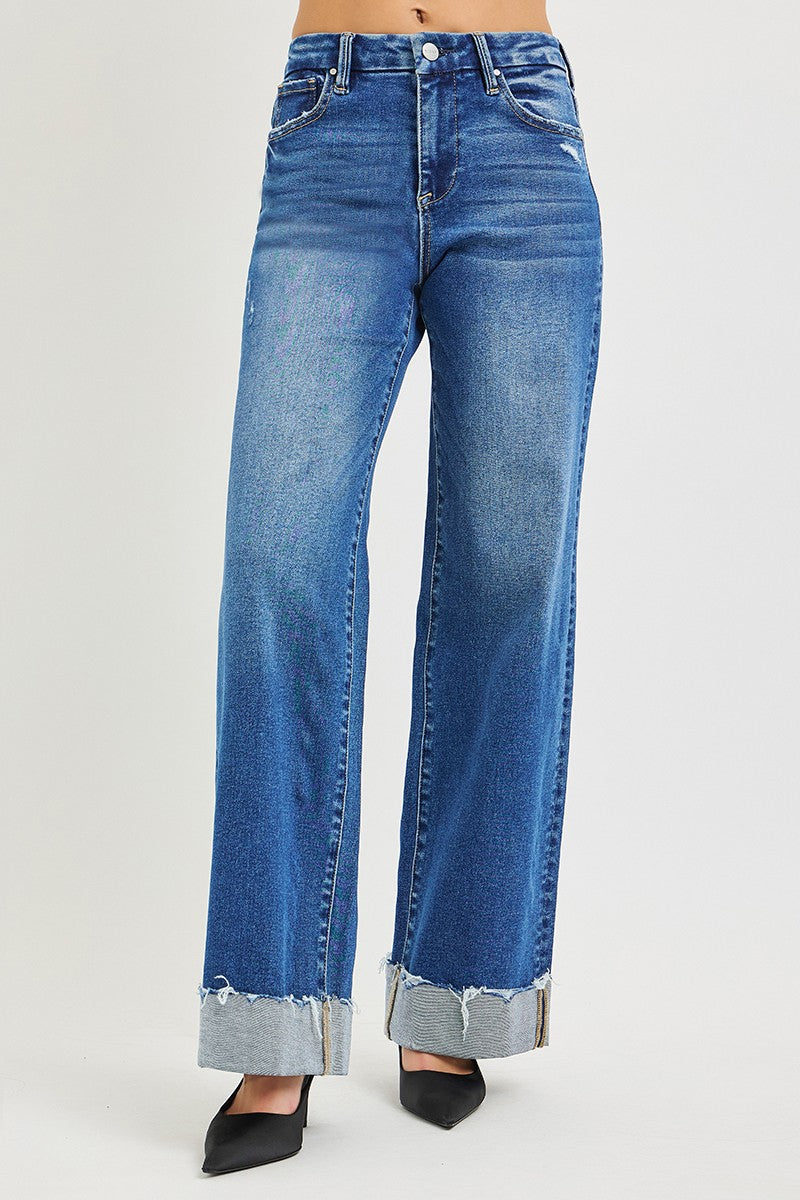 RISEN High Rise Wide Leg Jeans with Cuffed Hem - Be Bliss Boutique