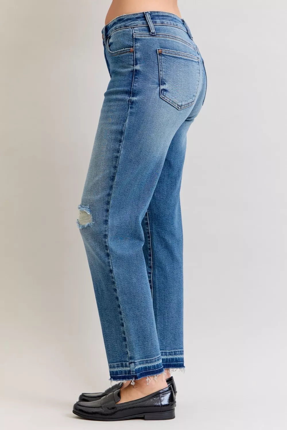 Judy Blue Full Size Mid Rise Bf Patch & Repair Destroy Release Hem Jeans Plus Size - Be Bliss Boutique