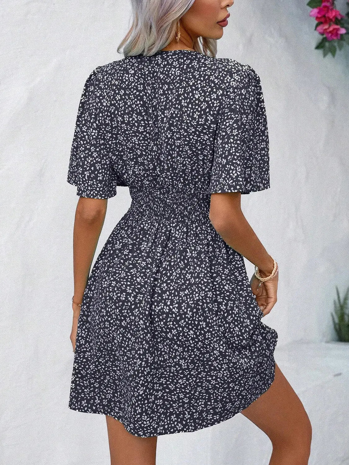 Printed V-Neck Half Sleeve Mini Dress - Be Bliss Boutique