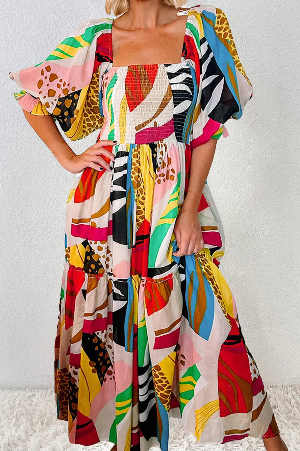 Printed Square Neck Short Sleeve Midi Dress - Be Bliss Boutique