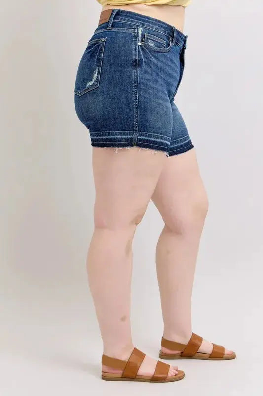 Judy Blue Jeans - Plus Size High Waist Tummy Control Destroy Release Hem Denim Shorts - Be Bliss Boutique