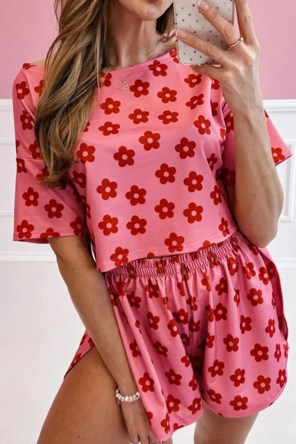Pink & Red Floral Cropped Tee and Shorts Womens Loungewear Set - Be Bliss Boutique