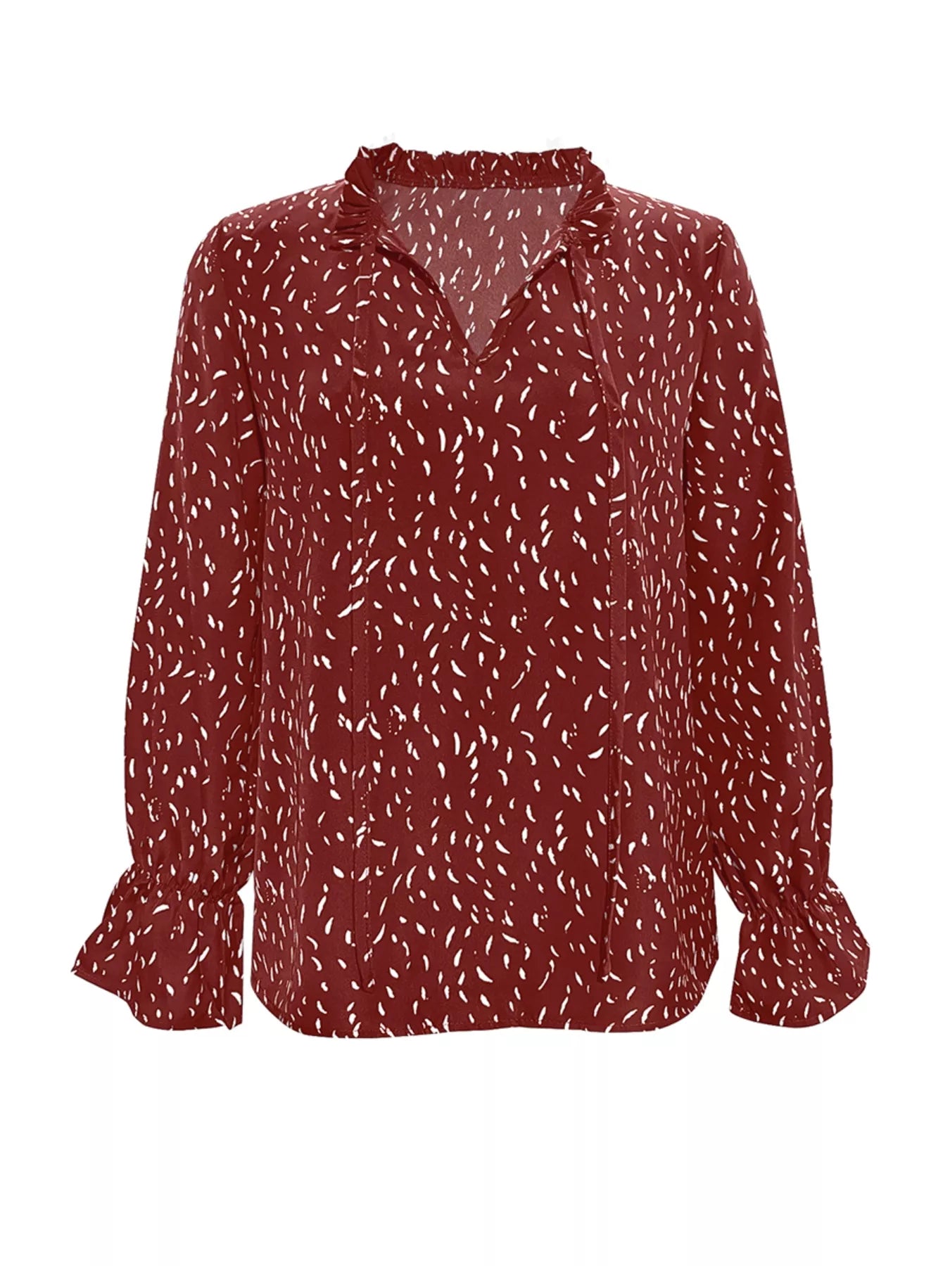 Ruffled Printed Tie Neck Long Sleeve Blouse - Be Bliss Boutique