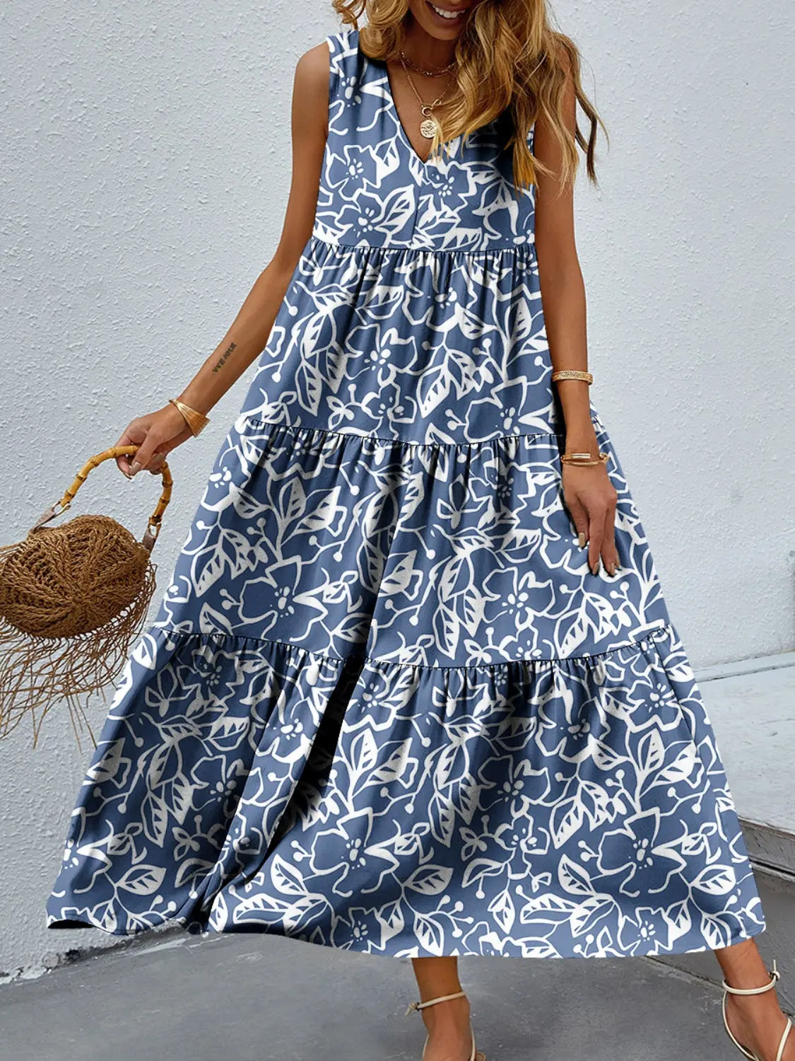 Tiered Printed V-Neck Sleeveless Dress - Be Bliss Boutique