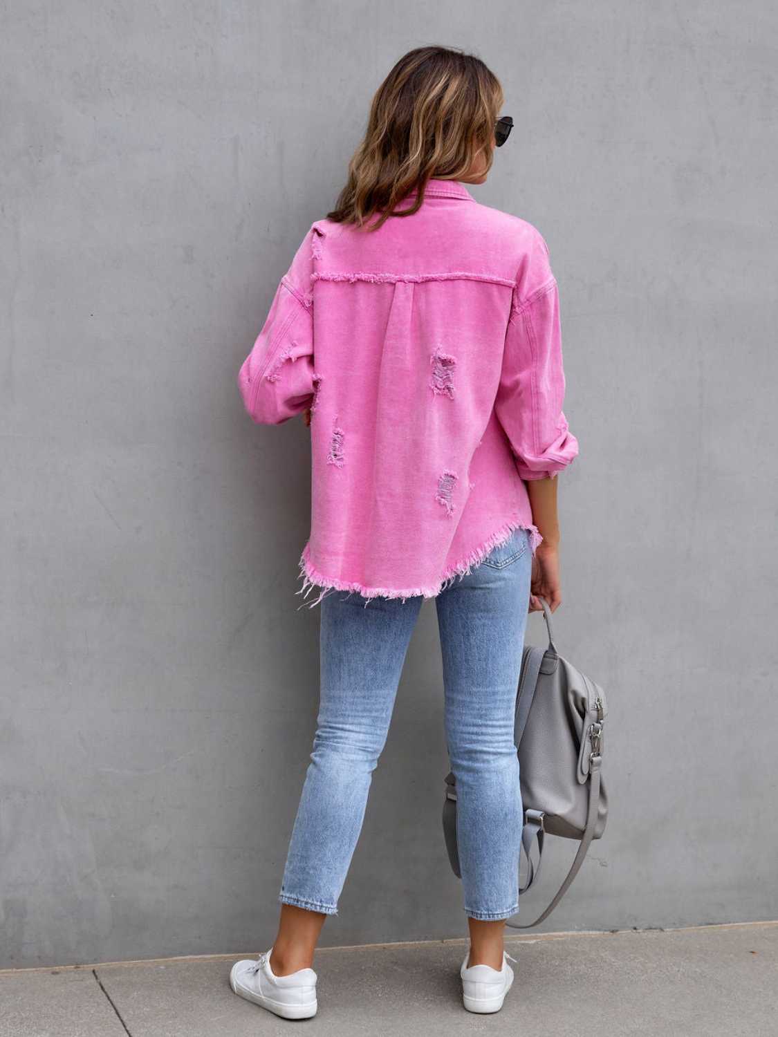 Distressed Drop Shoulder Denim Jacket - Be Bliss Boutique