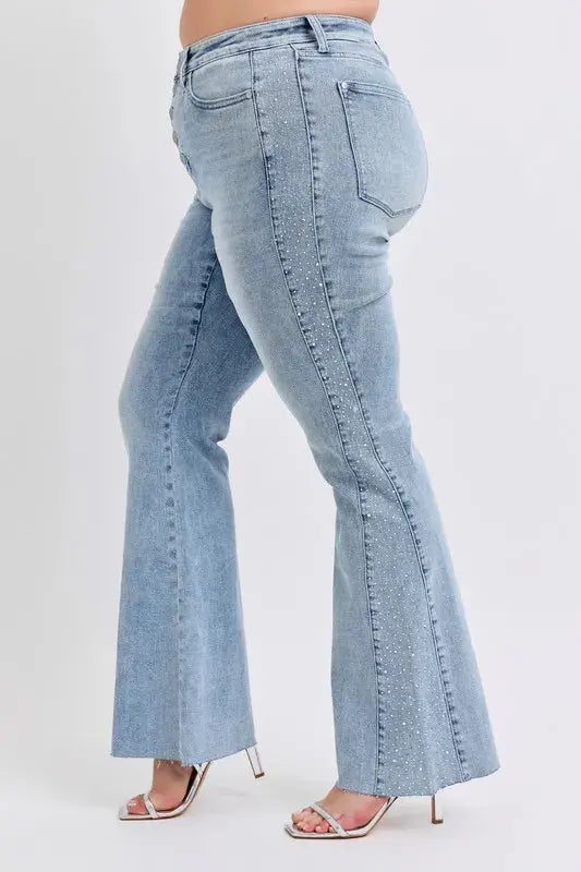 Mid Rise Rhinestone Side Panel Flare Judy Blue Jeans - Be Bliss Boutique