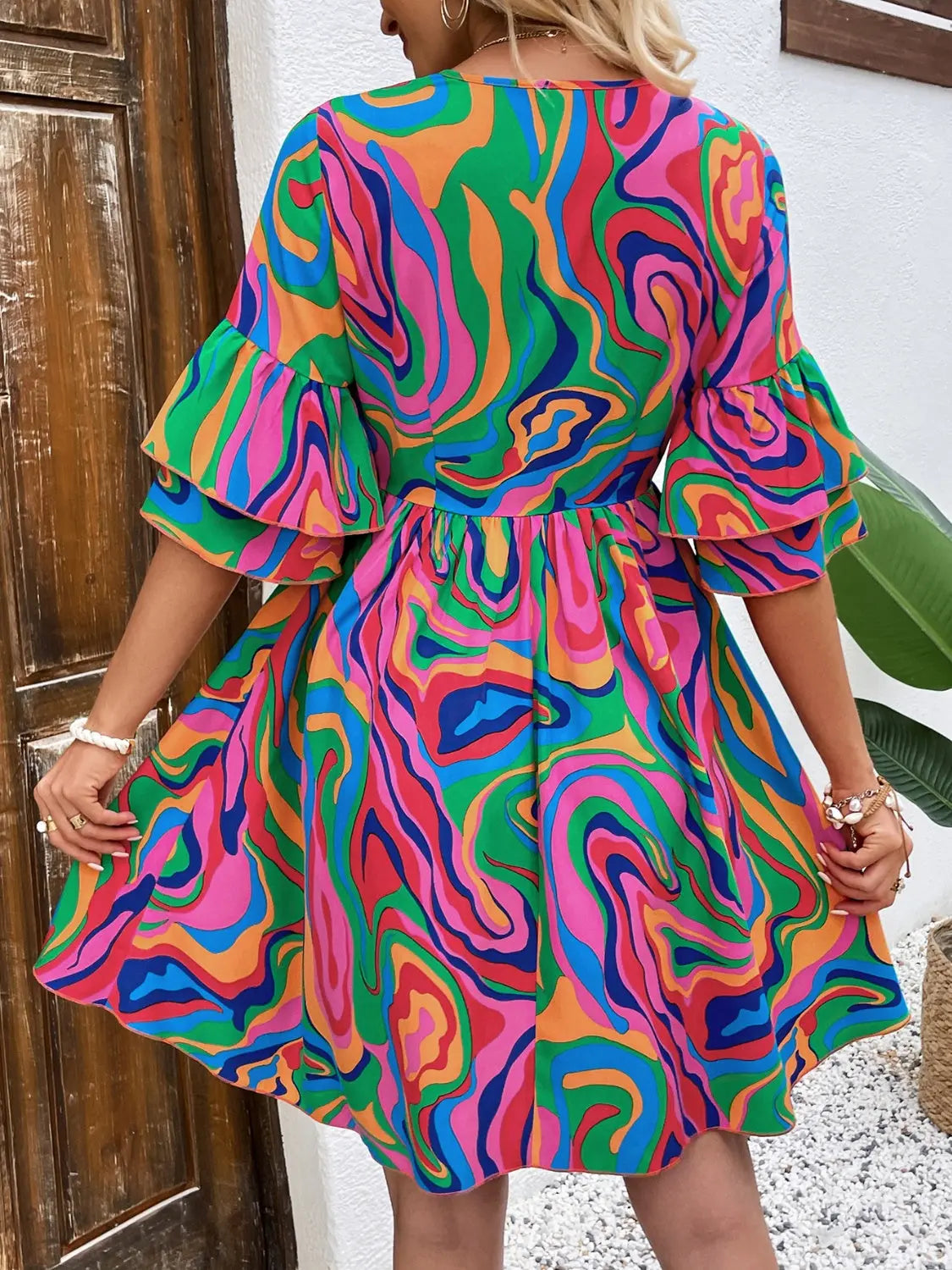 Ruffled Printed V-Neck Half Sleeve Mini Dress - Be Bliss Boutique
