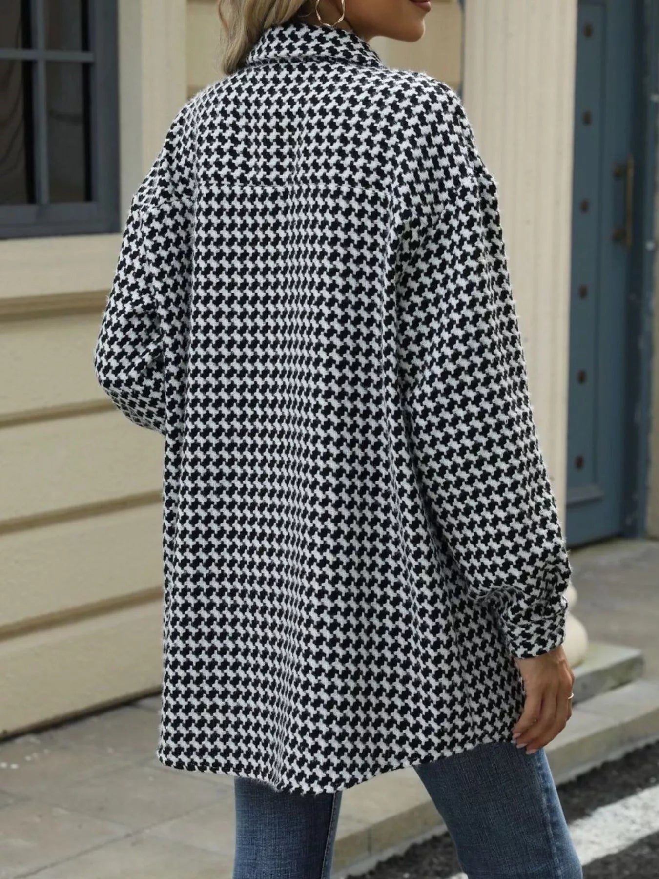 Houndstooth Button Up Long Sleeve Coat - Be Bliss Boutique